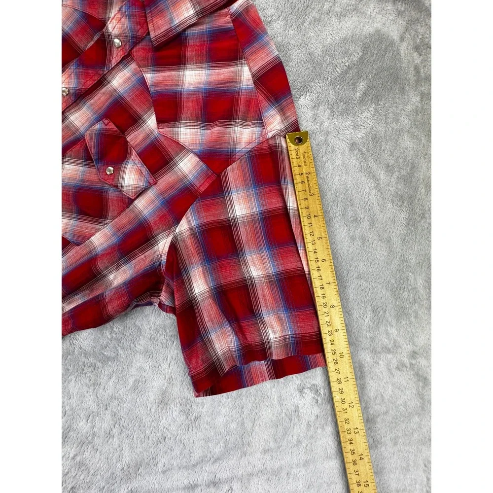 Wrangler Mens Western Shirt XL Red Plaid Pearl Snap Short Sleeve Cotton Blend